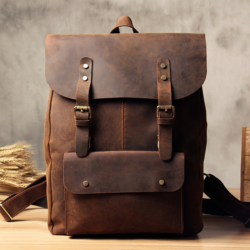 Handmade Vintage Leather School Bag Travel Backpack Laptop Bag Black Men Bag 9452 - icambag