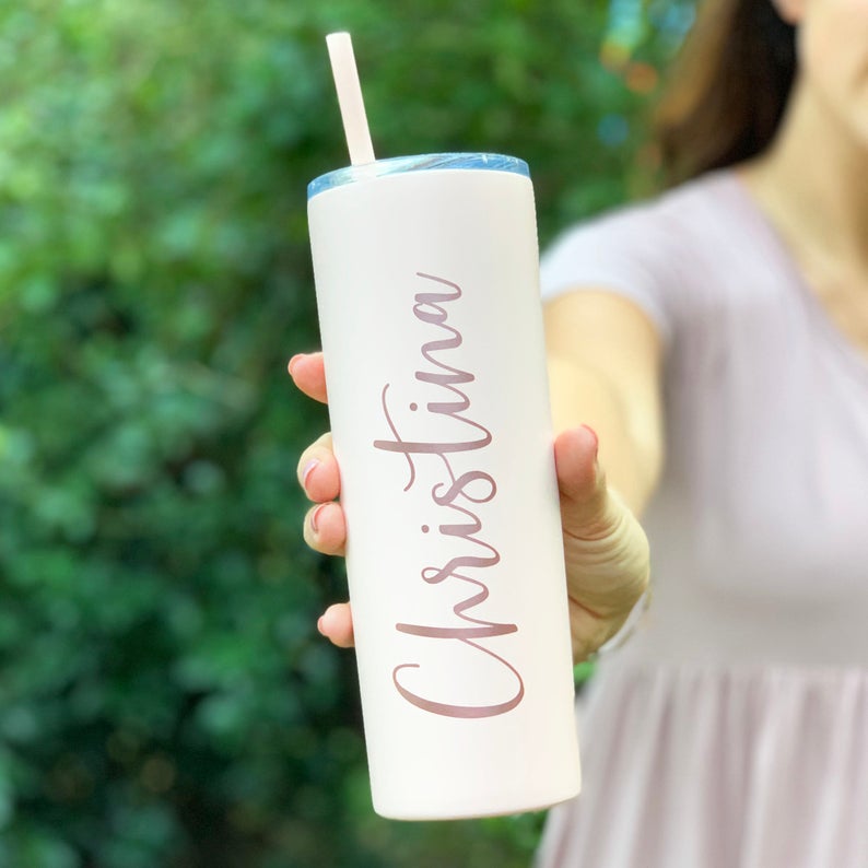 Tumbler With Lid and Straw Rose Gold & Gold, Skinny Tumbler, Personalized Gift for Mom, Christmas Gift for Her - icambag