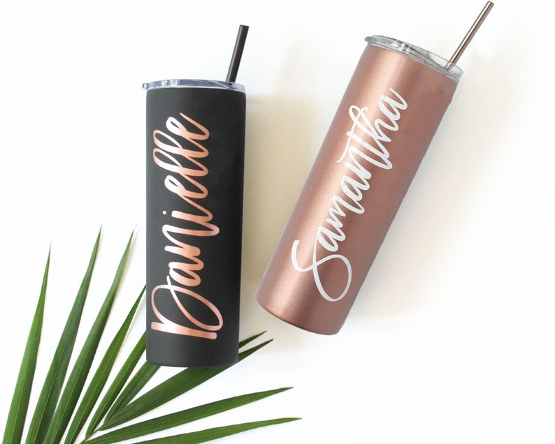 Tumbler With Lid and Straw Rose Gold & Gold, Skinny Tumbler, Personalized Gift for Mom, Christmas Gift for Her - icambag