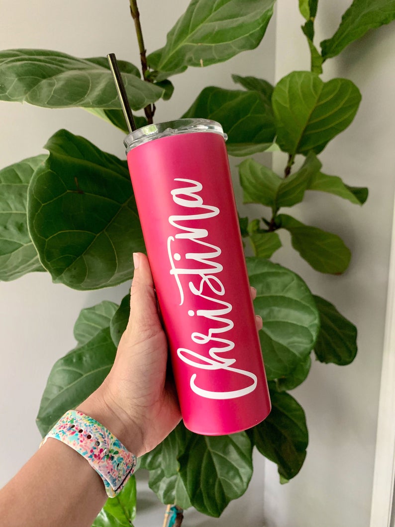 Tumbler With Lid and Straw Rose Gold & Gold, Skinny Tumbler, Personalized Gift for Mom, Christmas Gift for Her - icambag